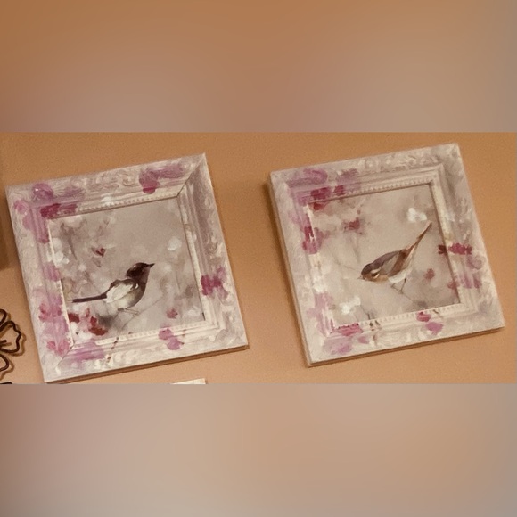NWT Two 9x9” Delightful Framed Bird Wall Art Paints- Mauve Pinks & Bright White - Picture 10 of 16